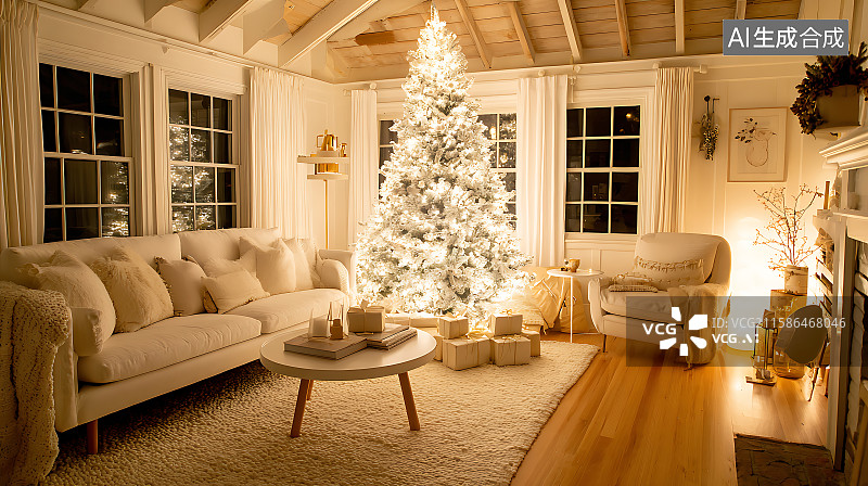【AI数字艺术】温馨的室内客厅场景，装饰精美的圣诞树环绕着包装好的礼物，温暖灯光营造节日装饰和节日庆祝氛围图片素材