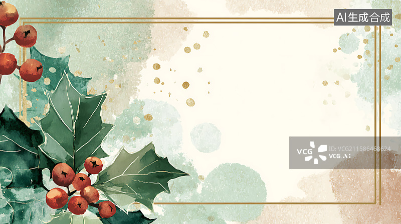 【AI数字艺术】优雅的节日圣诞贺卡设计布局，带有冬青叶、红色浆果、柔和的水彩质感、季节性节日设计和温馨的装饰背景。图片素材