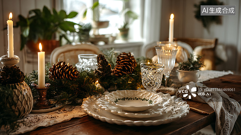 【AI数字艺术】优雅丰盛的冬季节日餐桌布置，点缀着圣诞装饰、温暖烛光和节日细节，适合家庭聚会庆祝。图片素材
