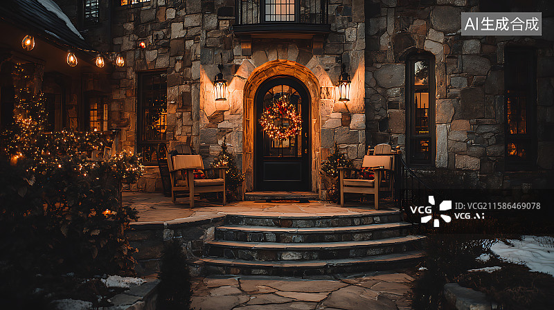 【AI数字艺术】温馨而迷人的节日家居入口，点亮的圣诞花环，闪烁的串灯，节日装饰，温暖的门口，以及充满节日氛围的季节庆图片素材