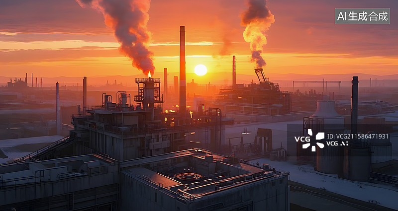 【AI数字艺术】日落时分炼油厂化工厂场景图片素材
