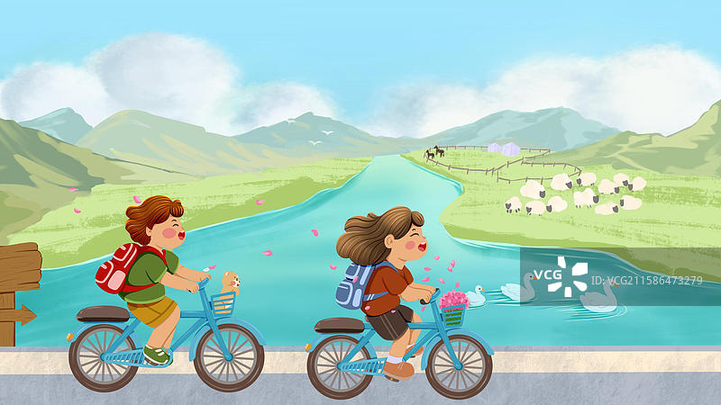 手绘插画风男生女生骑着单车旅行图片素材