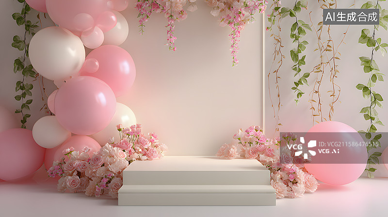 【AI数字艺术】粉色浪漫的梦幻舞台 甜美气球与鲜花背景图片素材