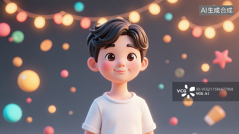 【AI数字艺术】彩色光斑背景下的3D卡通男孩图片素材