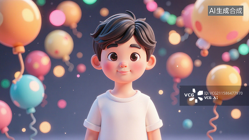【AI数字艺术】彩色光斑背景下的3D卡通男孩图片素材