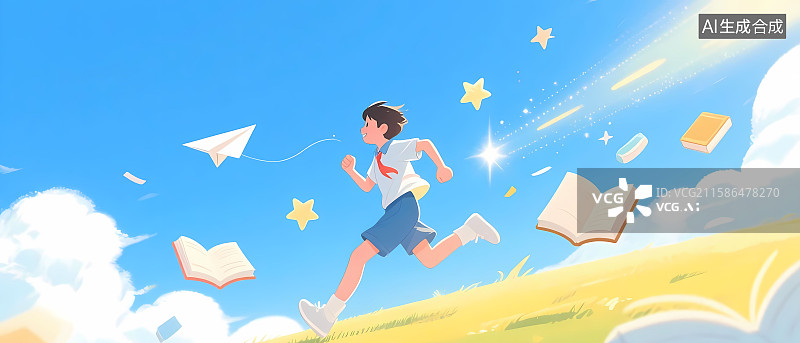 【AI数字艺术】孩子奔跑在蓝天白云下青春校园励志横版海报插画图片素材