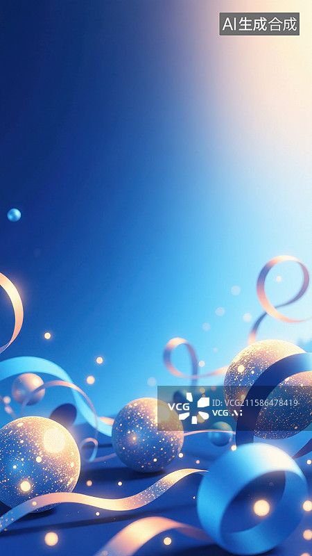 【AI数字艺术】蓝色闪光球与卷曲丝带节日背景图片素材