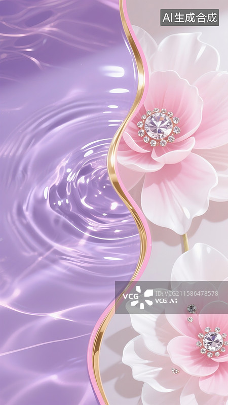 【AI数字艺术】香芋紫波水纹分割的壁纸，一半呈现出液态玻璃质感的亮晶晶，中间一条金粉色线条，一半是粉白色水晶钻大花瓣图片素材