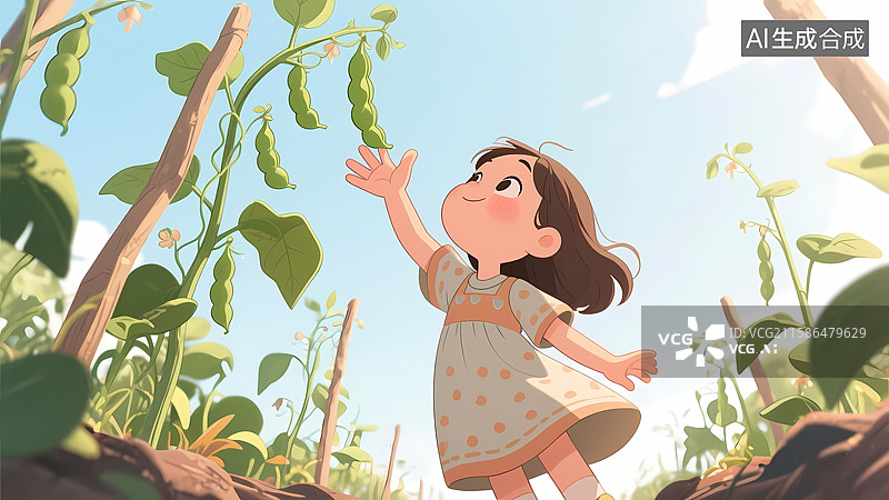 【AI数字艺术】小女孩在菜地里采摘高高的豆角童趣插画图片素材