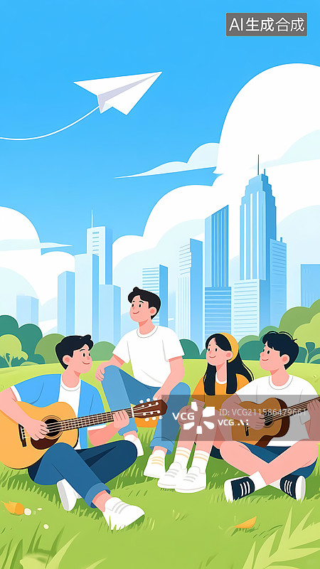 【AI数字艺术】城市青年在公园玩音乐欢乐聚会卡通插画图片素材