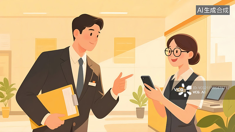 【AI数字艺术】职场室内柜台前员工工作指导多人扁平插画图片素材