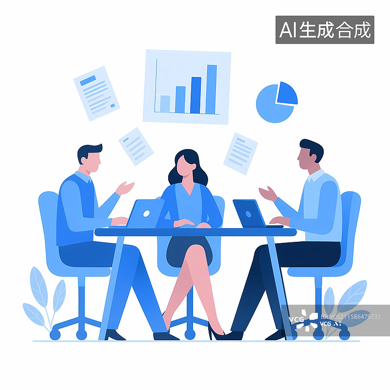 【AI数字艺术】插画、商务、办公、团队、会议、电脑、文件、图表、正装、专注、职场、数据、分析、协作、蓝色、专业、冷静图片素材