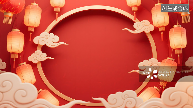 【AI数字艺术】3D红色背景上的红灯笼和祥云图片素材