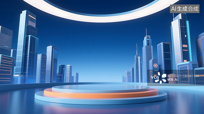 【AI数字艺术】蓝色现代城市建筑产品展台图片素材