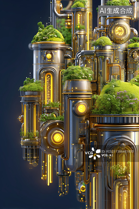 【AI数字艺术】科技未来透明圆柱状绿色环保建筑3D卡通立体插画图片素材