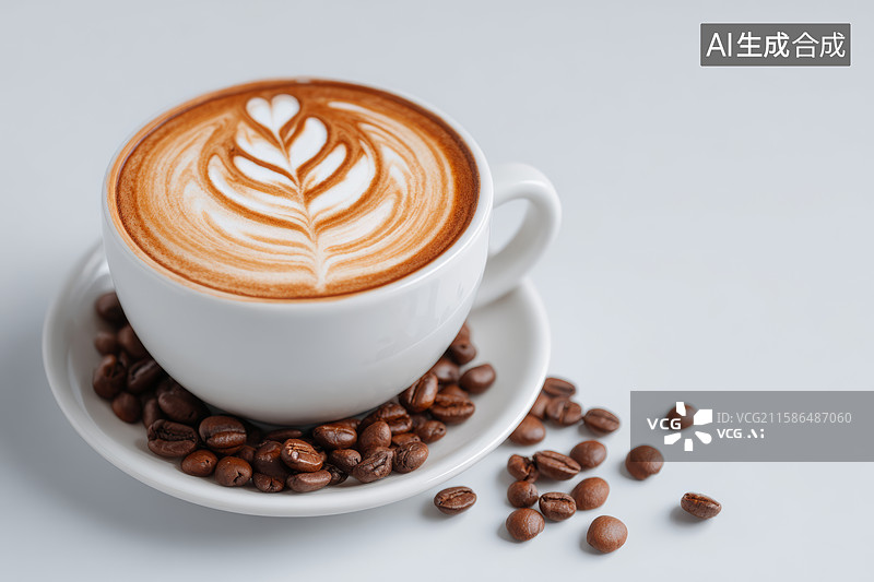 【AI数字艺术】一杯拉花咖啡与散落的咖啡豆图片素材