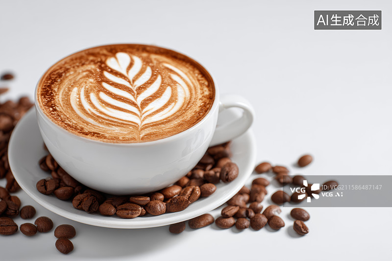 【AI数字艺术】一杯拉花咖啡与散落的咖啡豆图片素材