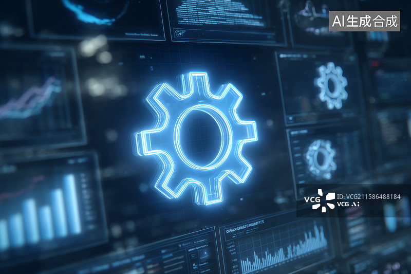 【AI数字艺术】科技仪表盘上的蓝色齿轮图标图片素材