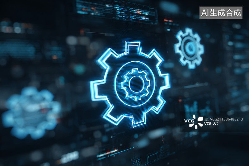 【AI数字艺术】科技仪表盘上的蓝色齿轮图标图片素材