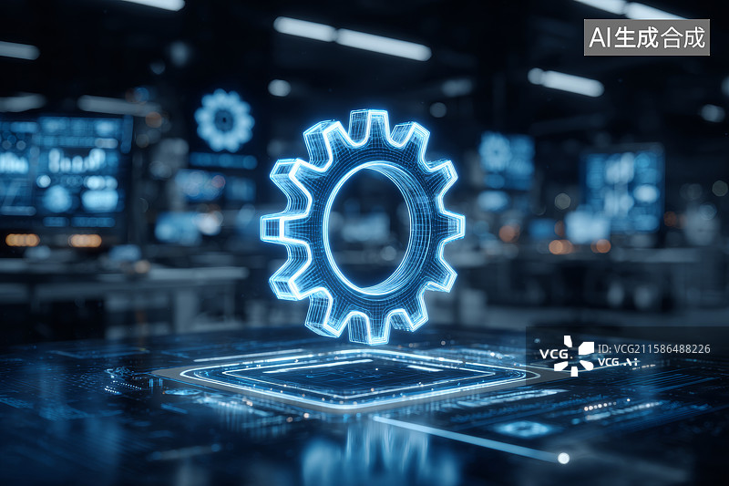 【AI数字艺术】科技仪表盘上的蓝色齿轮图标图片素材