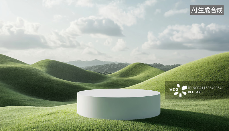 【AI数字艺术】绿色草坪草原湖泊地形上的圆形底座产品展台图片素材
