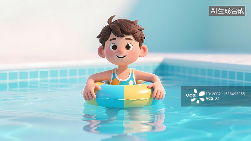 【AI数字艺术】可爱男孩套着游泳圈在游泳池里清新可爱3D立体卡通元素场景图片素材