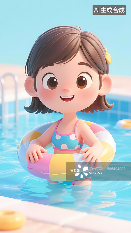 【AI数字艺术】可爱女孩套着游泳圈在游泳池里清新可爱3D立体卡通元素场景图片素材