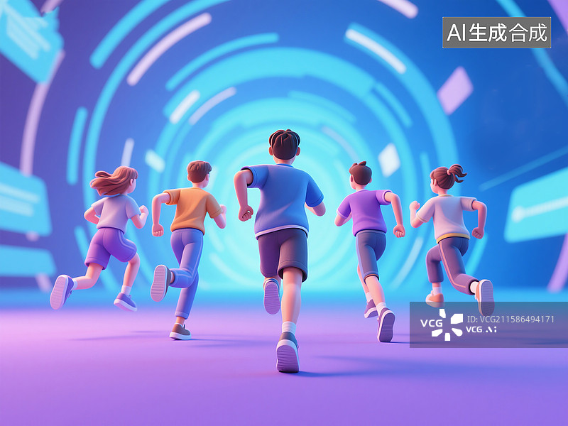 【AI数字艺术】一群人冲向未来青年奔跑背影职场招聘图片素材