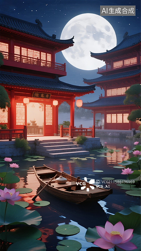 【AI数字艺术】月光下的中国传统建筑中秋满月图片素材