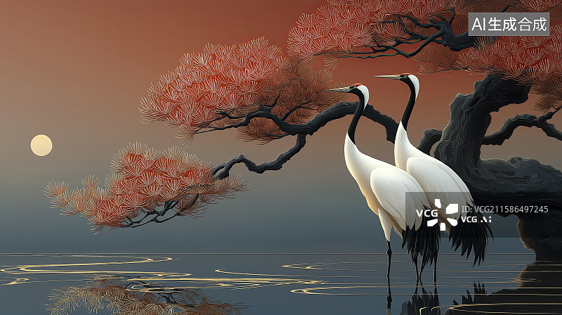 【AI数字艺术】重阳节主题海报——松鹤延年、丹顶鹤站在水上，边上有一颗松树图片素材