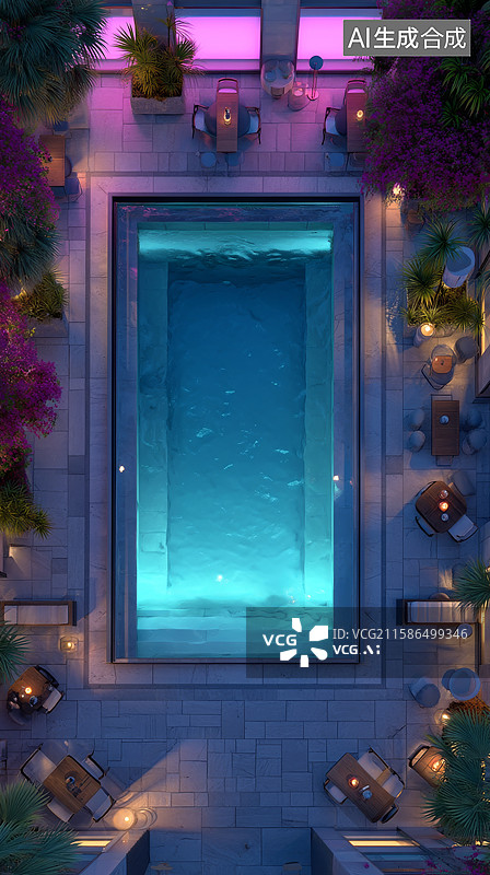 【AI数字艺术】赛博朋克夜晚风格泳池俯视角度图片素材