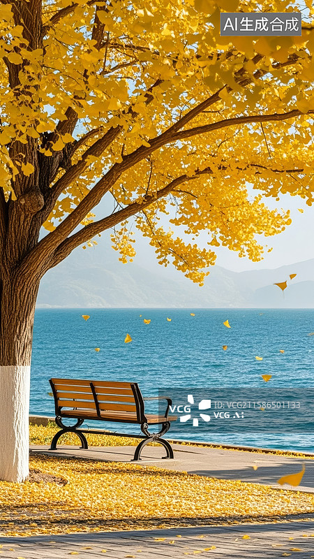 【AI数字艺术】秋日湖畔的宁静银杏图片素材