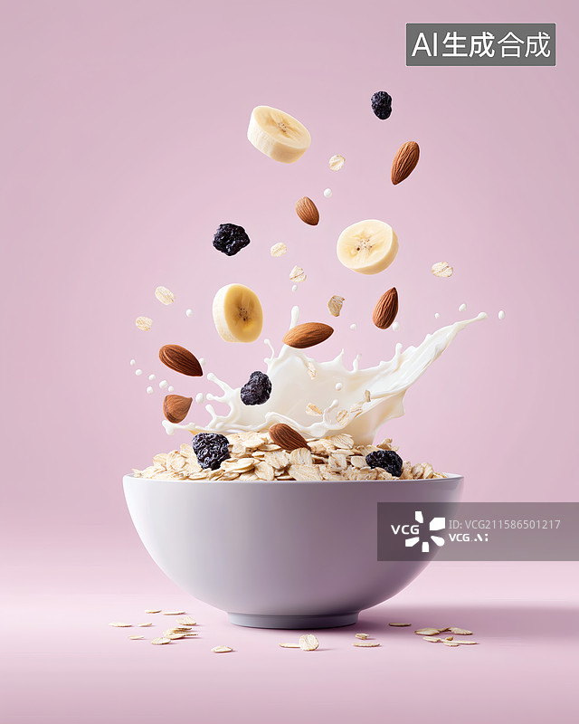 【AI数字艺术】牛奶燕麦片与配料悬浮在空中图片素材
