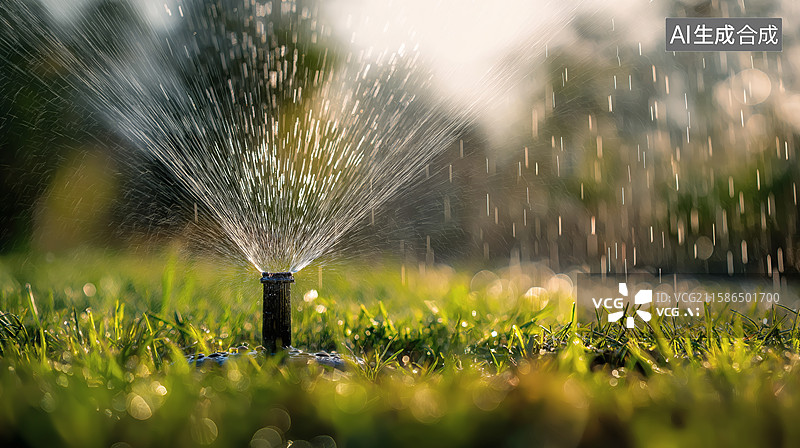 【AI数字艺术】草坪喷水器浇灌，阳光下的水珠图片素材