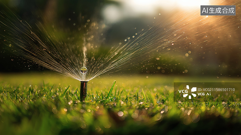 【AI数字艺术】草坪喷水器浇灌，阳光下的水珠图片素材