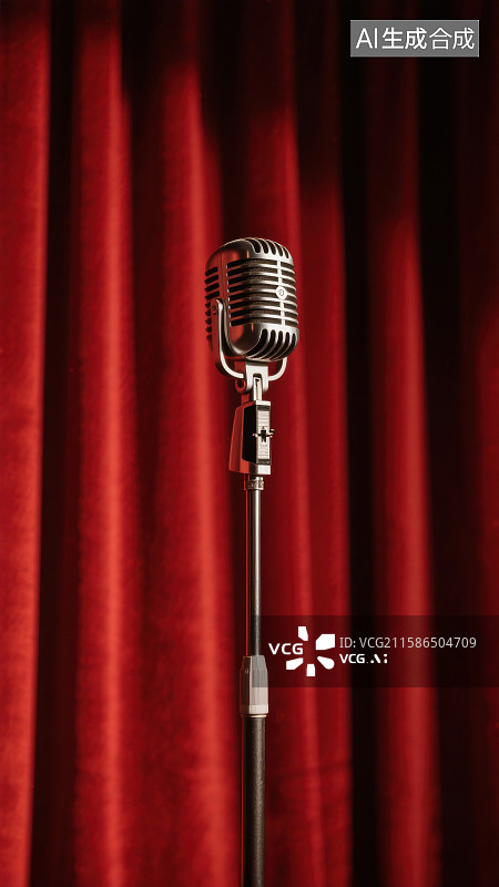 【AI数字艺术】舞台麦克风和剧院红色丝绒幕帘戏剧表演演讲图片素材