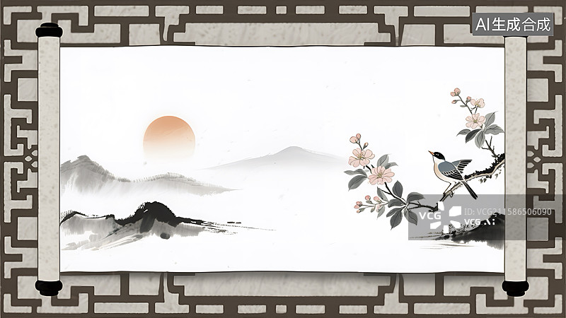 【AI数字艺术】中式窗棂框景下的山水花鸟风光图片素材