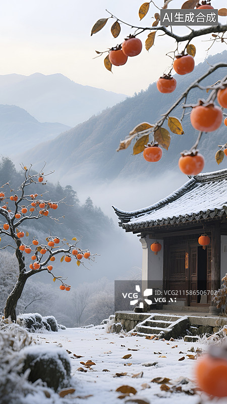 【AI数字艺术】霜降节气霜雪覆盖下挂着柿子的乡村景象图片素材