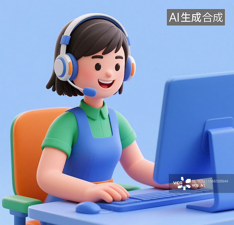 【AI数字艺术】卡通客服形象在电脑前工作图片素材