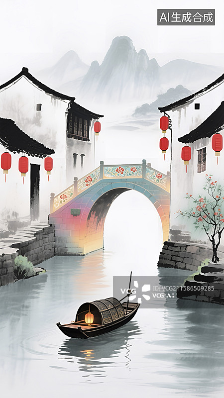 【AI数字艺术】水墨风格山水江南水乡插画图片素材