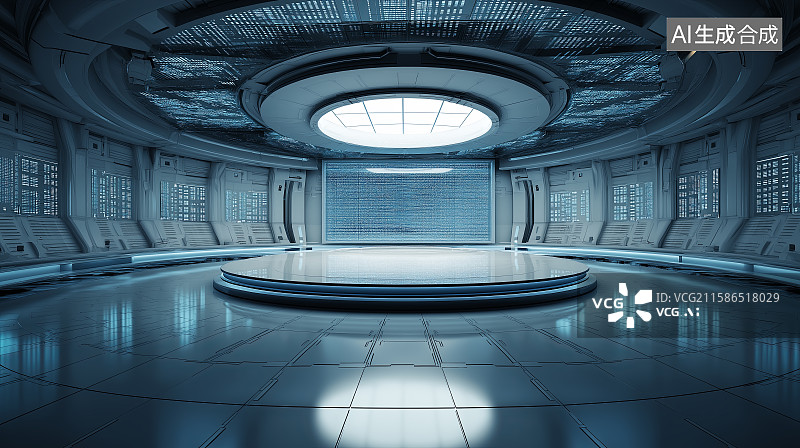 【AI数字艺术】商务科技背景——圆形室内未来极简空间、产品展台图片素材