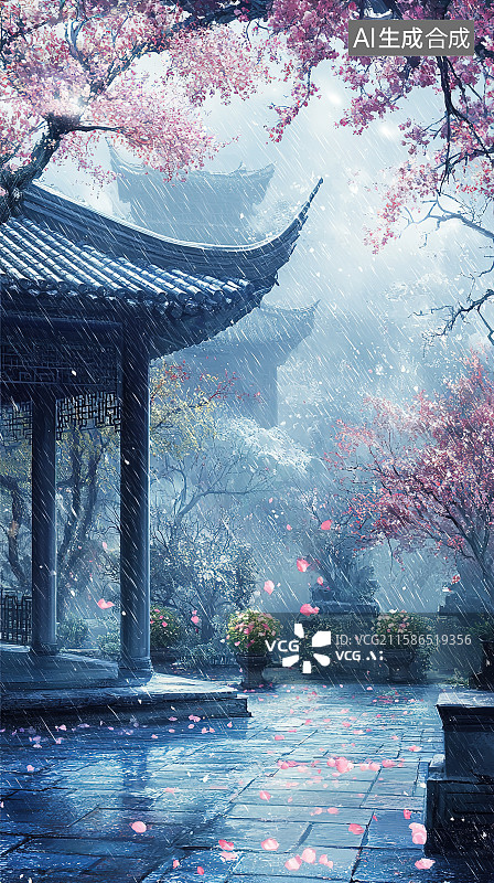 【AI数字艺术】春天樱花季的中式亭子古建筑风景插画图片素材