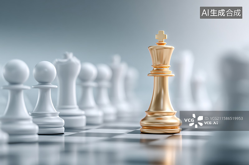【AI数字艺术】国际象棋，闪亮的金色国王棋子图片素材