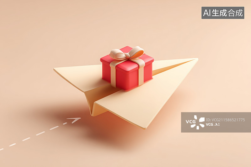 【AI数字艺术】一架纸飞机上的红色礼品盒图片素材