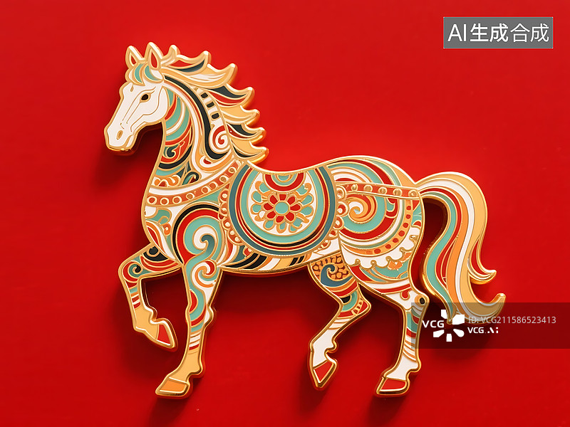【AI数字艺术】彩色装饰的金属马形徽章，冰箱贴骏马，中国风传统工艺与国潮设计，生肖马文化魅力图片素材