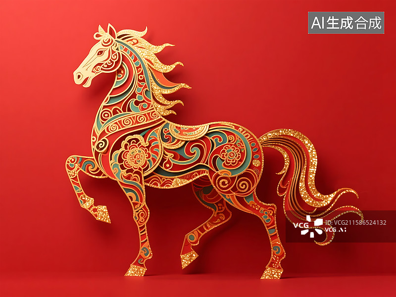 【AI数字艺术】彩色装饰的3D纸雕骏马，中国风传统工艺与国潮设计，生肖马图片素材