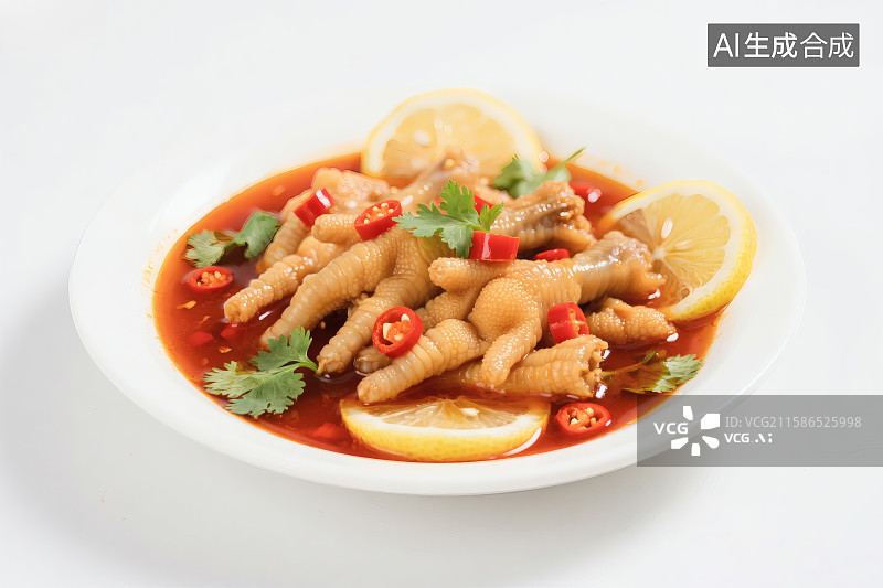 【AI数字艺术】白色背景，瓷盘中的酸辣柠檬鸡爪图片素材