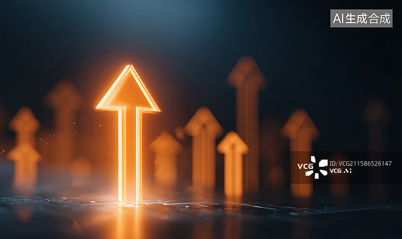 【AI数字艺术】橙色发光向上箭头，于科技感背景中引领增长趋势，象征商务发展与成功突破图片素材