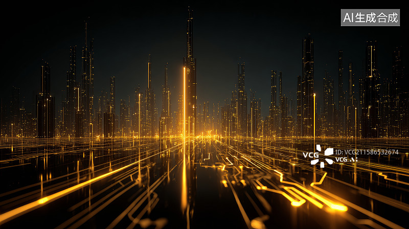 【AI数字艺术】夜空中金色光线勾勒出的未来城市图片素材