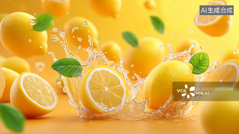 【AI数字艺术】新鲜柠檬与水花飞溅的瞬间图片素材